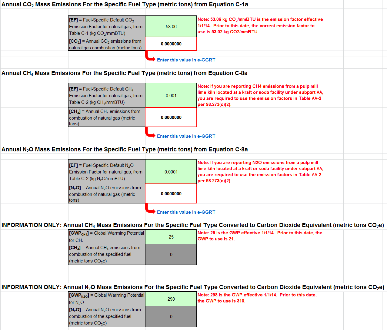C-1a, C-8a Calculation Spreadsheet of CO2, CH4, and N2O Data Entries into the Green Cells